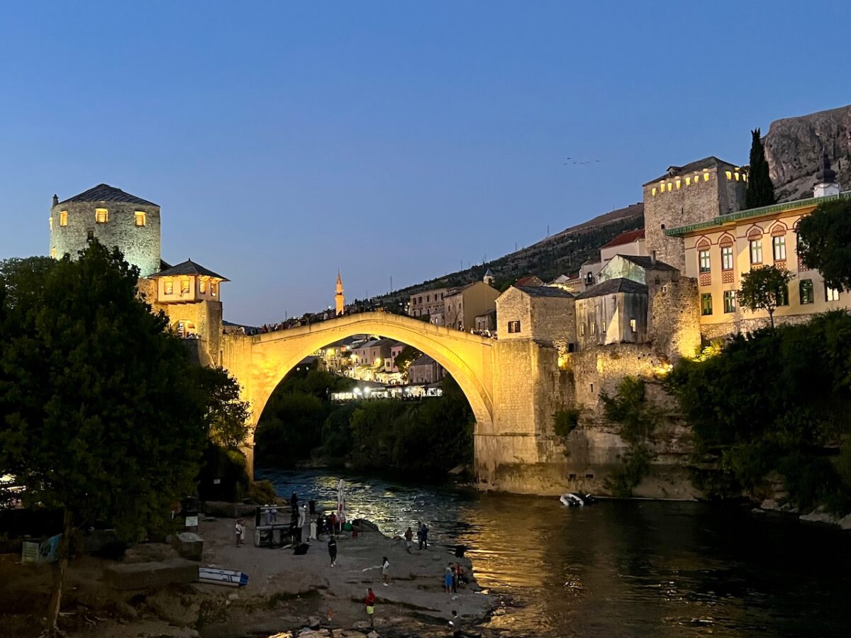 The Stari Most Old Bridge in Mostar lit up at night