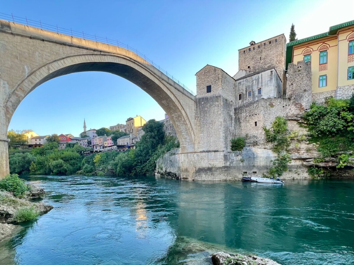 A view of the Stari Most Old Bridge in Mostar from the Neretva River below