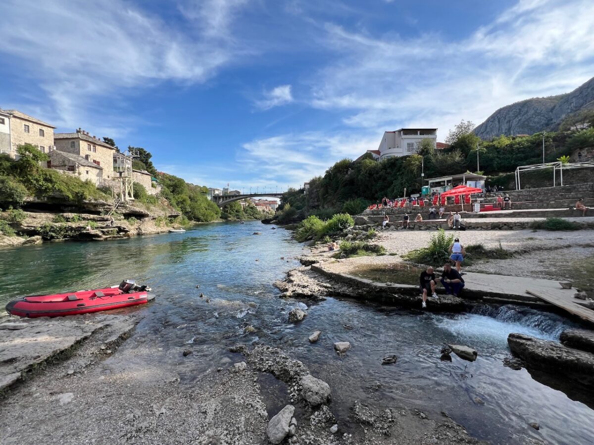 A view of the Old Bridge Lazy Bar from below Mostar's famed bridge