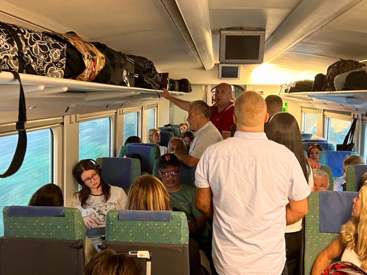 Riders on board the very full train from Mostar to Sarajevo