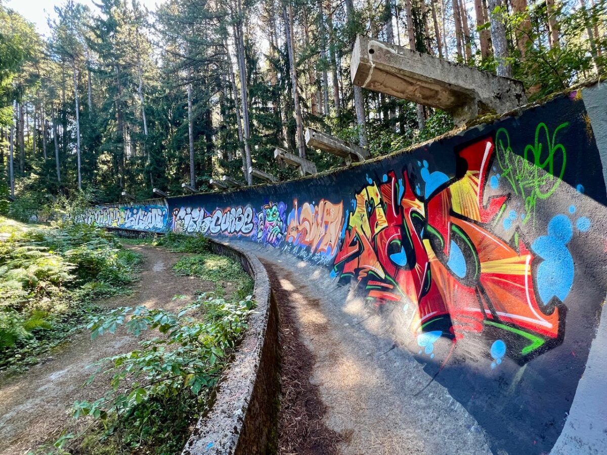 Colorful graffiti covering the abandoned Olympic Bobsled track in Sarajevo