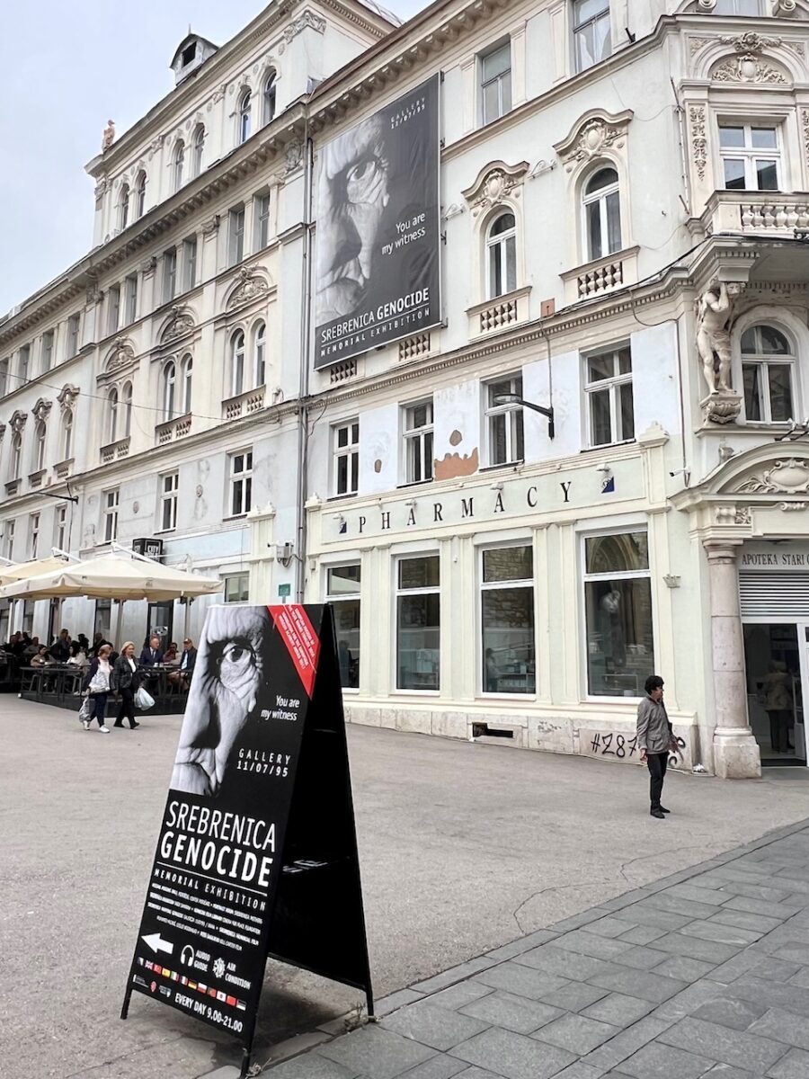 Signs directing visitors to the Galerija 11/07/95 Museum in Sarajevo which teaches about the Srebrenica Genocide