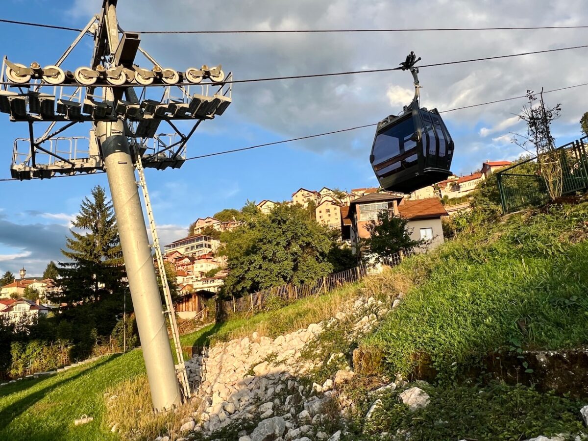 One of the cars of Sarajevo's Trebević Cable Car as it leaves the city