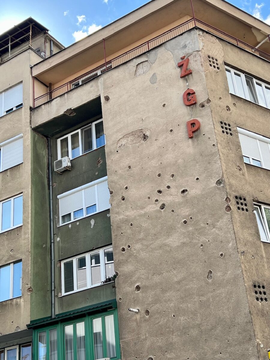 A building in Sarajevo still showing damage from the Bosnian War