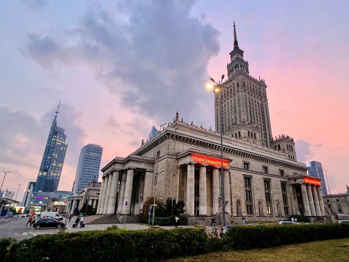 The Palace of Culture and Science along with Warsaw Poland's more modern skyscrapers in the distance