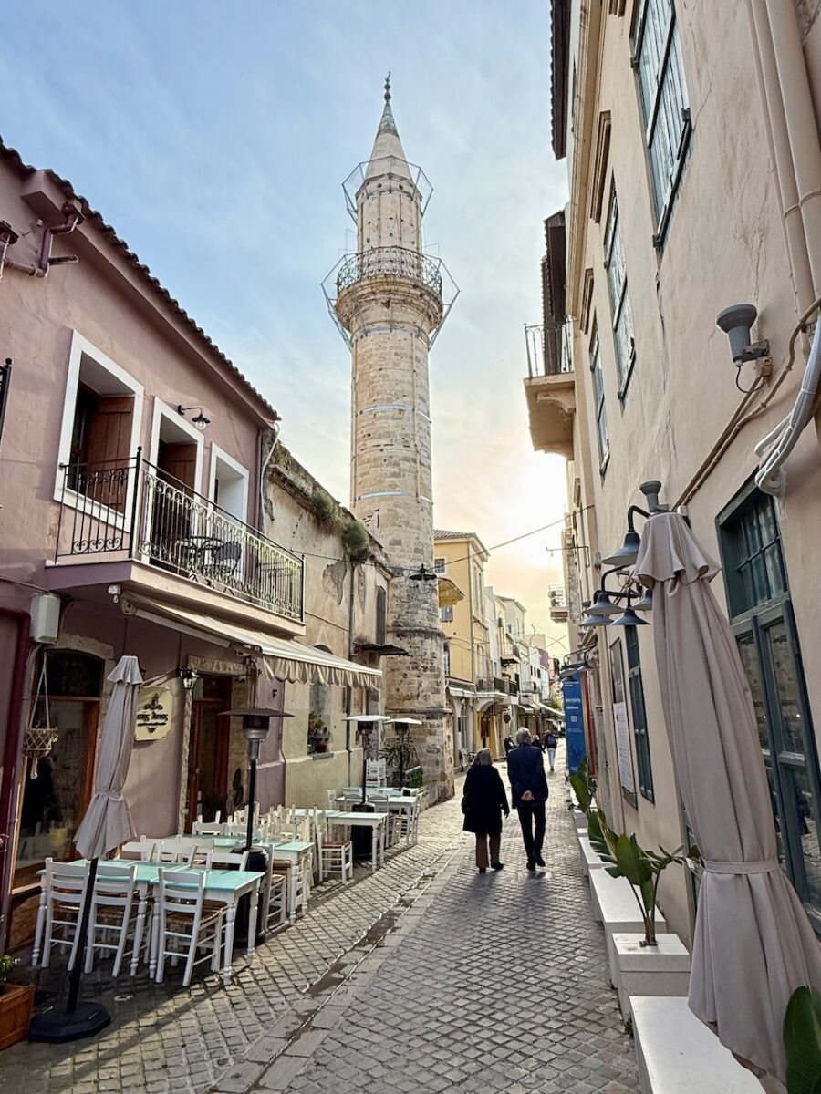 The Ahmet Ağa Minaret in Old Town Chania Crete at sunset