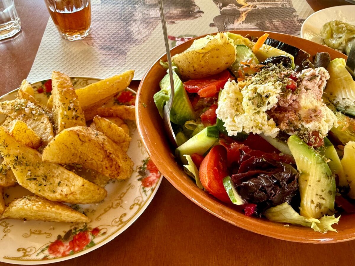 The Village Salad and Fried Potato Wedges at Ntounias in Crete