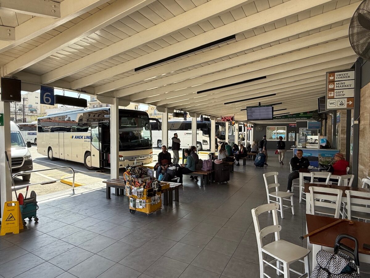 Buses lined up at the bays at the Chania Bus Station in Crete