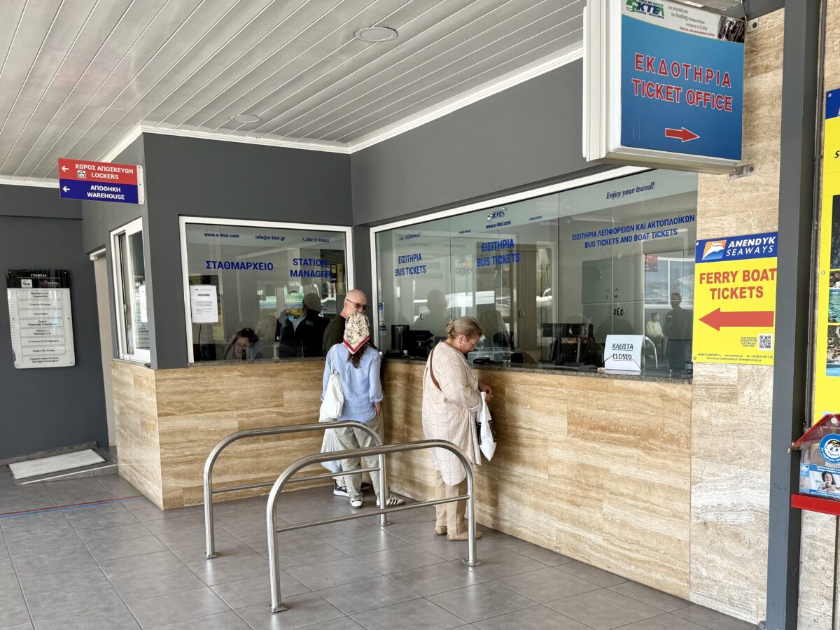 The ticketing window at the Chania Bus Station in Crete