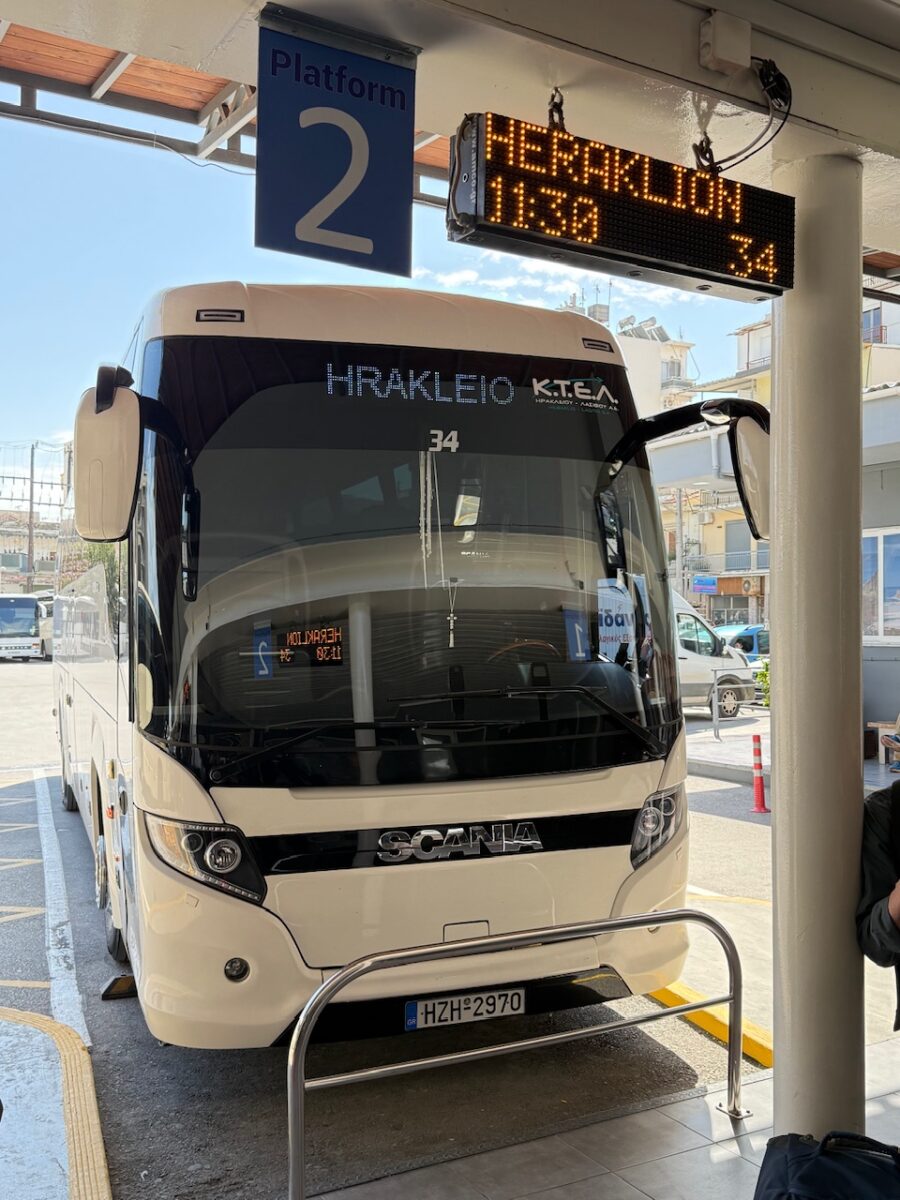 The bus from Chania to Heraklion in its bay at the Chania Bus Station