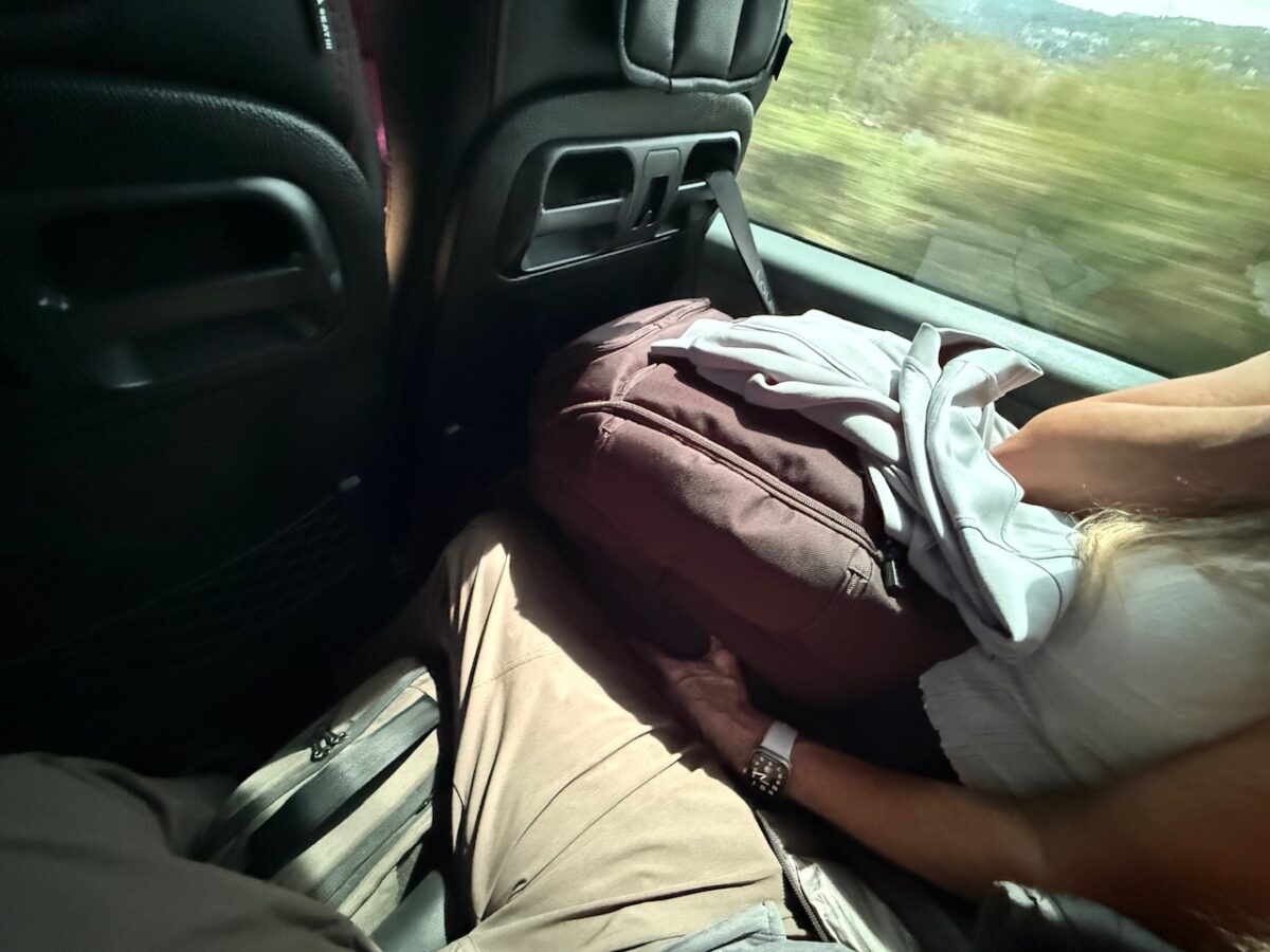 Riders with their backpacks on the bus from Chania to Heraklion in Crete