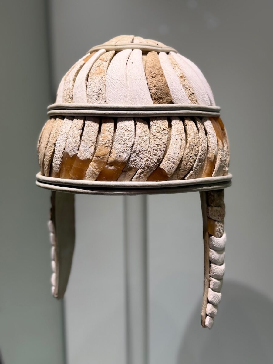A Minoan boar tusk helmet inside the Heraklion Archeological Museum in Crete
