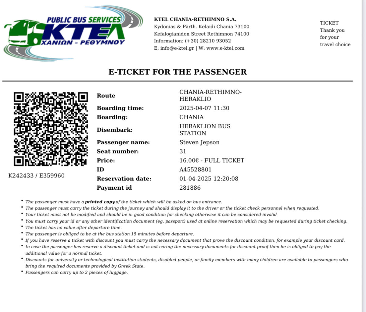 An e-Ticket for the bus from Chania to Heraklion
