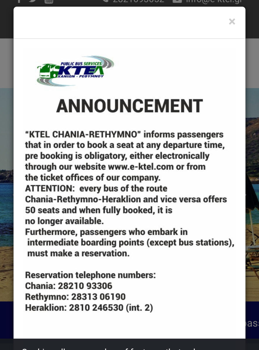 KTEL ticketing announcement for routes from Chania to Heraklion and points in between