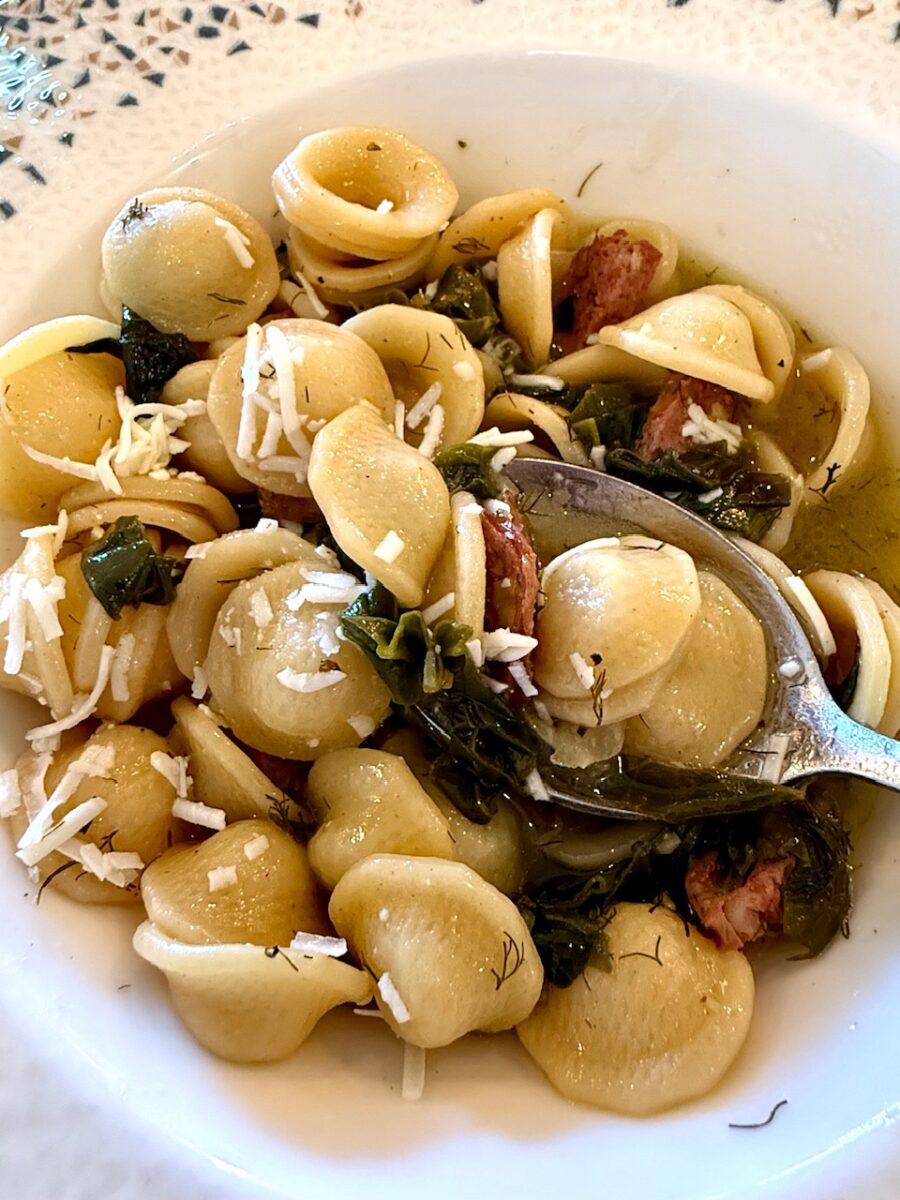 The Aftakia Pasta at Xatheri in Kroustas Crete with homemade pasta, fennel sausage, local green's, and goat's cheese