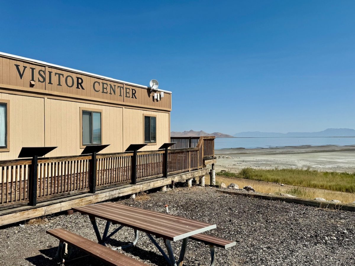 The Visitor Center at the Great Salt Lake State Park with the Great Salt Lake in the background