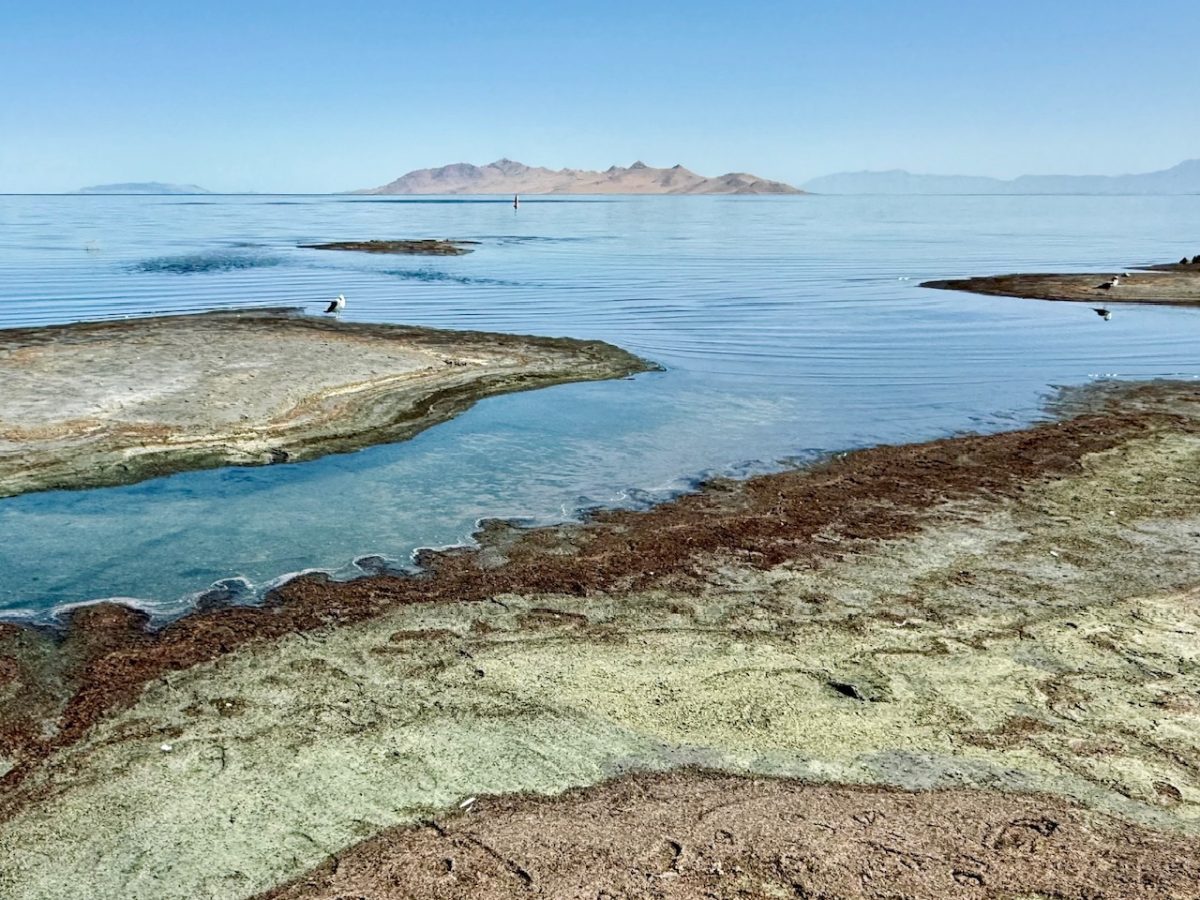 A view out across the Great Salt Lake from the shoreline near Great Salt Lake State Park in Utah - one of the easiest places to visit the Great Salt Lake