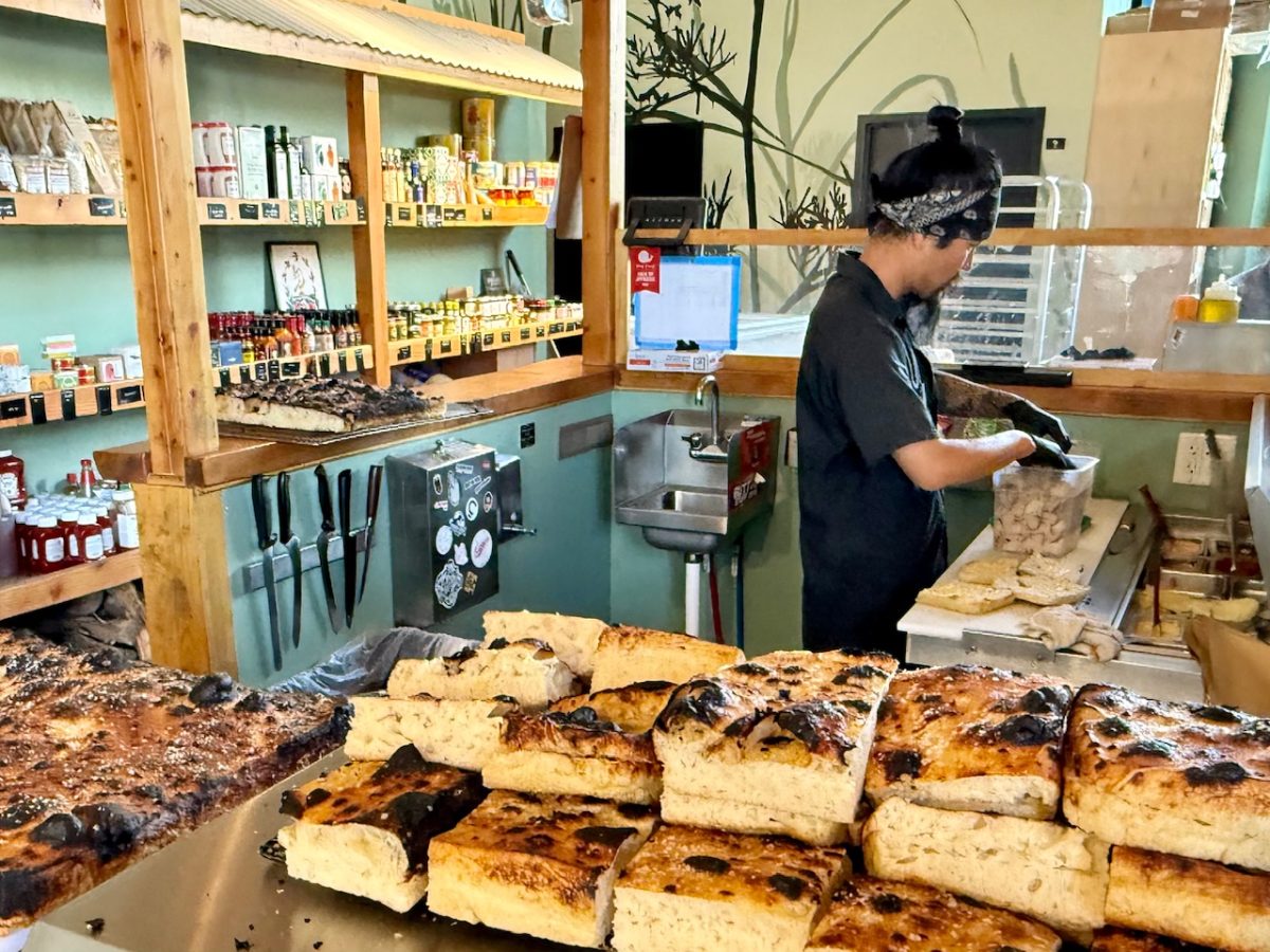 Rows of freshly baked focaccia used for sandwiches at Central 9th Market in Salt Lake City