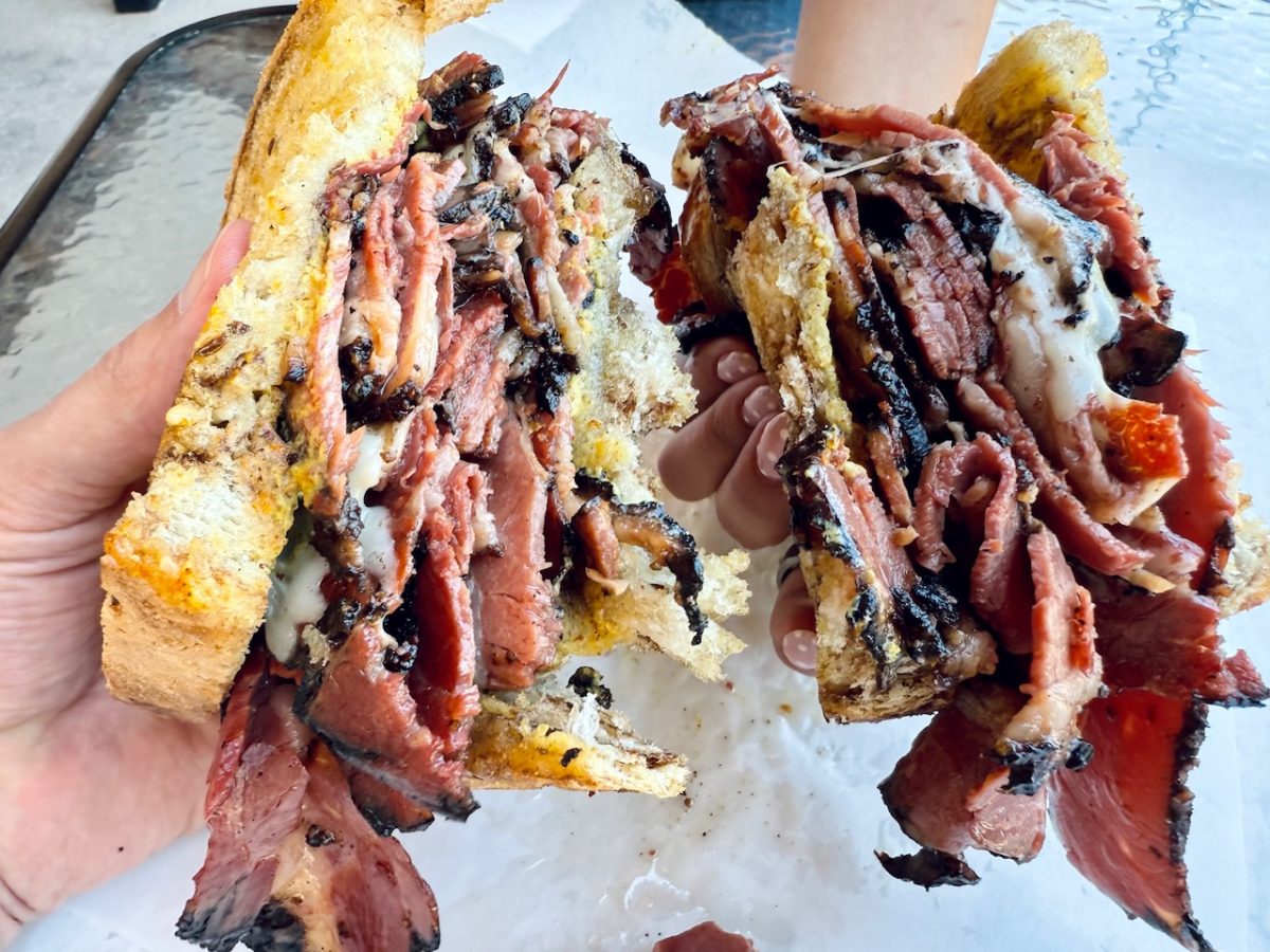 Two halves of The Rico Pastrami sandwich at Enrico's Deli near Salt Lake City