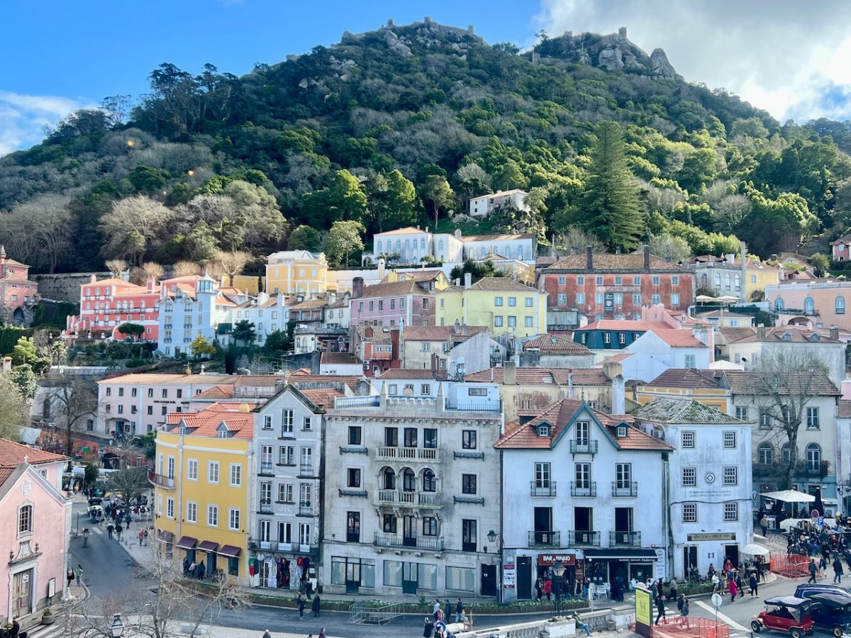 The village of Sintra Portugal with the Moors Castle sitting atop the hill above