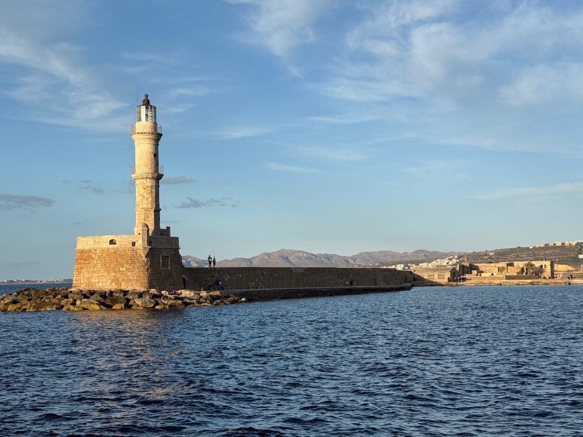 A view across the Venetian Harbor in Chania Crete to the Egyptian Lighthouse