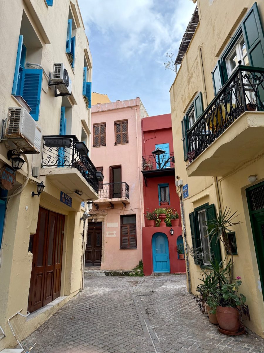 Colorful old houses and narrow alleys in Old Town Chania Crete 